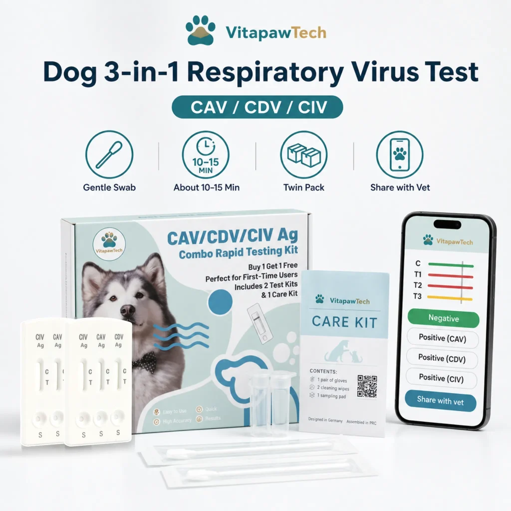 VitapawTech Hunde-3-in-1-Atemwegsvirustest für CAV, CDV und CIV mit schonendem Abstrich, Doppelpackung und App-Ergebnis.