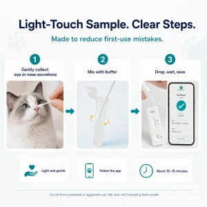 Step-by-step VitapawTech Cat FHV guide showing gentle eye or nose secretion collection, buffer mixing and saving the result in the app.