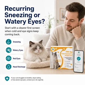 Cat with recurring sneezing and watery eyes at home while a pet parent prepares the VitapawTech Cat FHV Home Test.
