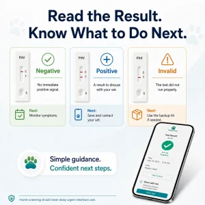 VitapawTech Cat FHV result guide showing negative, positive and invalid outcomes with next steps and share with vet support.