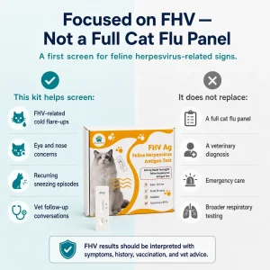Infographic explaining that the VitapawTech Cat FHV Home Test screens FHV only and is not a full cat flu panel or veterinary diagnosis.