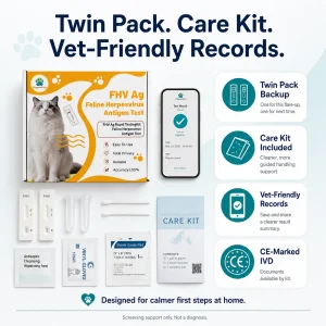 VitapawTech Cat FHV Home Test twin pack with Care Kit, two test cassettes, swabs, buffer tubes, CE-marked IVD badge and vet-friendly records.