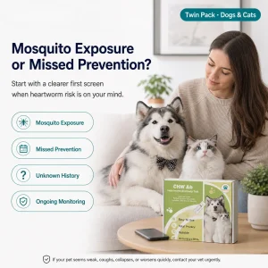 Dog and cat with owner at home next to VitapawTech Heartworm Home Test for mosquito exposure, missed prevention and unknown history concerns.