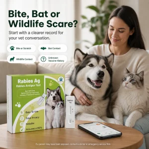 Pet owner with dog and cat at home using VitapawTech Rabies Ag Exposure Screen after bite, bat, wildlife or unknown vaccine history concerns.