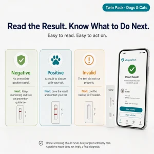 VitapawTech Heartworm Home Test result guide showing negative, positive and invalid outcomes with next-step guidance and saved app result.
