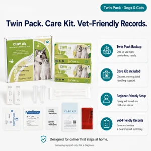 VitapawTech Heartworm Home Test with CHW Ab box, CHW Ag twin pack boxes, Care Kit contents, test cassette, tubes, swabs, gloves, gauze pad and waste bag.