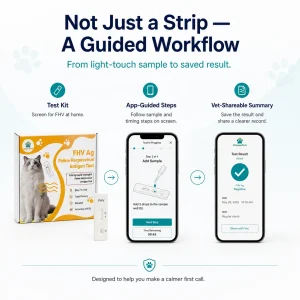 VitapawTech Cat FHV workflow showing test kit, app-guided steps and vet-shareable result summary from light-touch sample to saved result.