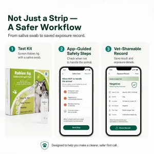 VitapawTech Rabies Ag Exposure Screen workflow showing test kit, app-guided safety steps and vet-shareable exposure record.