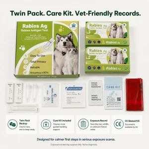 VitapawTech Rabies Ag Exposure Screen twin pack with Care Kit contents, two test cassettes, swabs, buffers, gloves, gauze pad, cleansing wipe and waste bag.