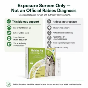 Infographic explaining that VitapawTech Rabies Ag Exposure Screen is not an official rabies diagnosis and does not replace medical care or lab testing.