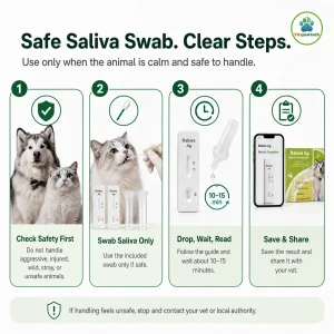 Step-by-step guide for VitapawTech Rabies Ag Exposure Screen showing safety check, saliva swab, test cassette reading and saved result sharing.
