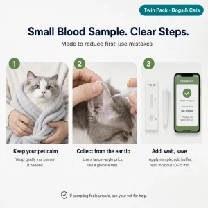 Three-step guide for VitapawTech Heartworm Home Test showing calm pet handling, ear tip blood sample collection and app-guided result saving.
