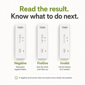 VitapawTech TOXO result guide showing negative, positive and invalid test cassette results with next-step guidance.