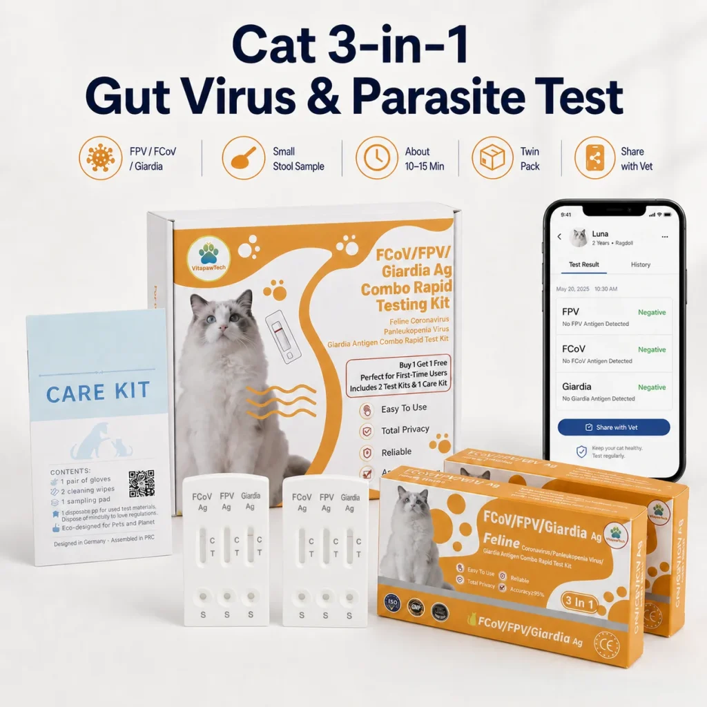 VitapawTech Katzen-3-in-1-Darmviren- und Parasitentest für FPV, FCoV und Giardia mit Stuhlprobe, Doppelpackung und App-Ergebnis