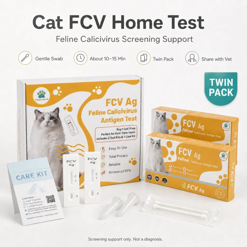 VitapawTech Cat FCV Heimtest für das Screening auf Katzen-Calicivirus mit schonendem Abstrich, Doppelpackung und App-Ergebnisübersicht.