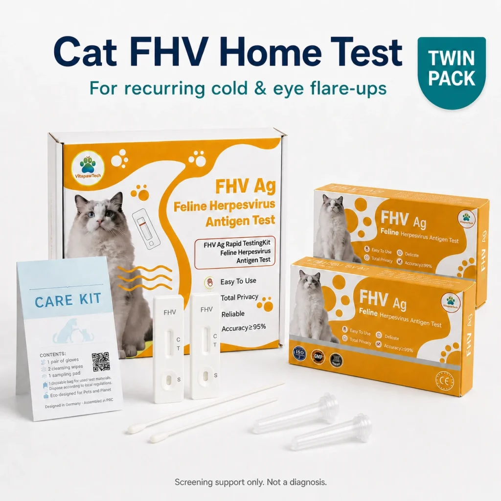 VitapawTech Cat FHV Home Test für das Screening auf Katzenherpesviren mit Doppelpackung, Pflege-Kit, Tupfern, Pufferröhrchen und FHV-Testkassetten.