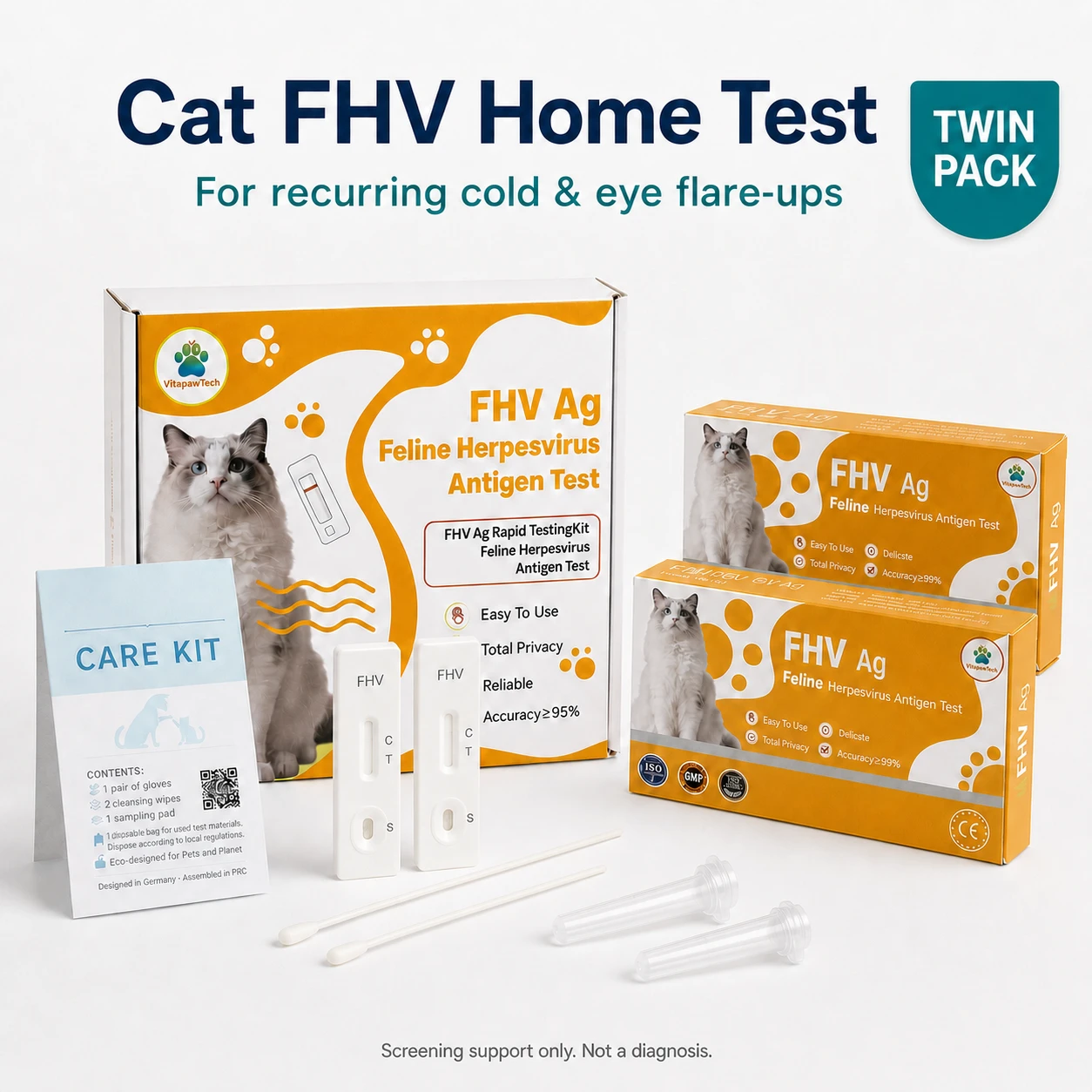 VitapawTech Cat FHV Home Test - Twin Pack Hero VitapawTech Cat FHV Home Test for feline herpesvirus screening support with twin pack, Care Kit, swabs, buffer tubes and FHV test cassettes.