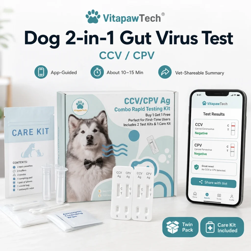 VitapawTech Hunde-2-in-1-Darmvirus-Testkit für CCV und CPV mit App-gestützter Ergebnisübersicht und Pflege-Kit.