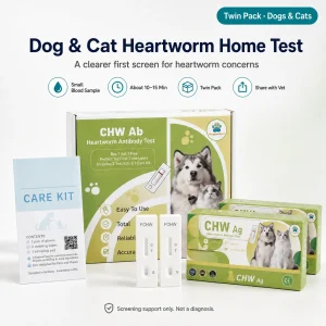 VitapawTech Dog and Cat Heartworm Home Test with CHW Ab box, CHW Ag twin pack boxes, Care Kit and two FCHW test cassettes.