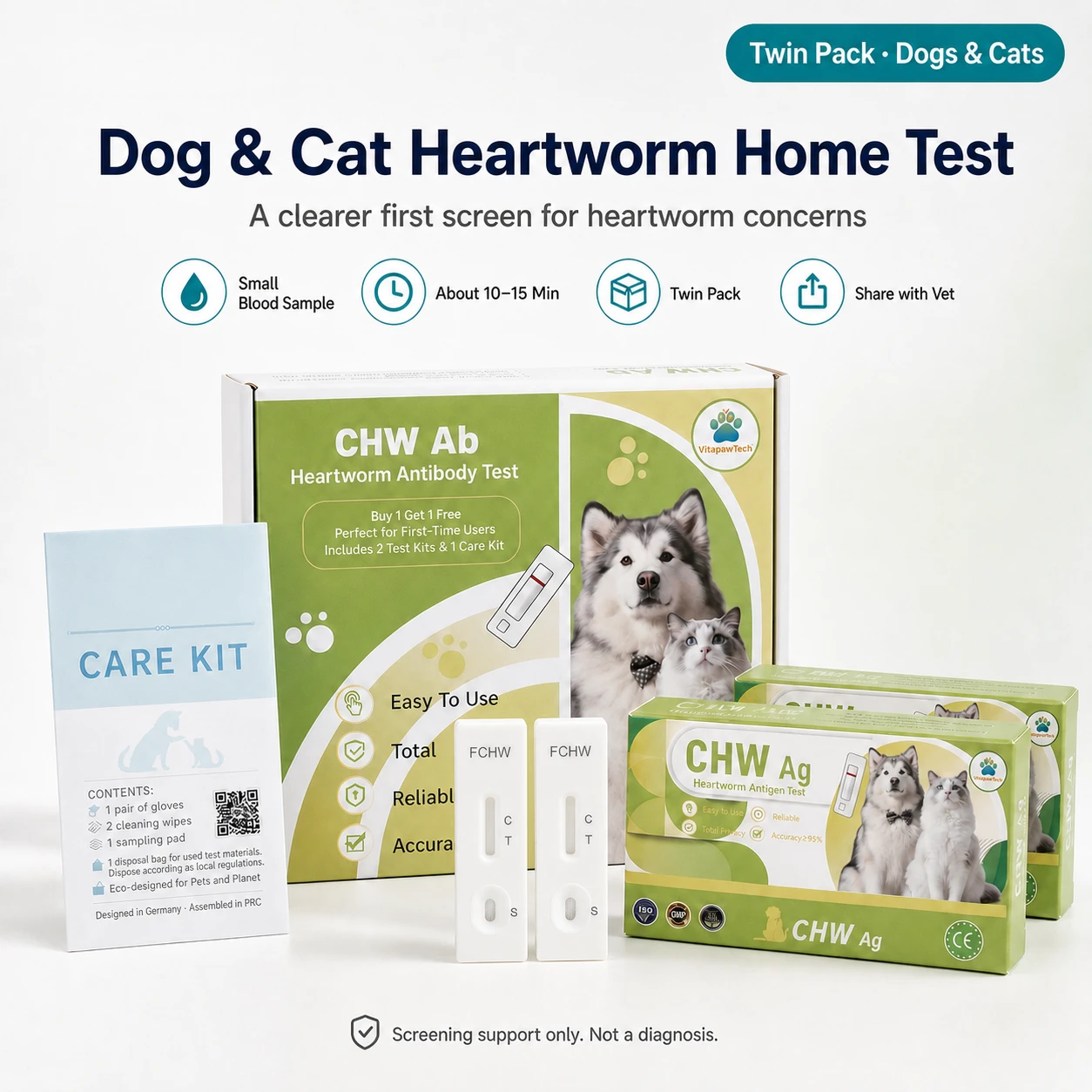 VitapawTech Dog & Cat Heartworm Home Test - Twin Pack VitapawTech Dog and Cat Heartworm Home Test with CHW Ab box, CHW Ag twin pack boxes, Care Kit and two FCHW test cassettes.