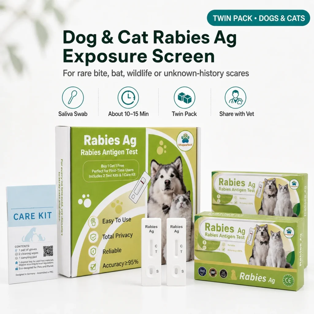 VitapawTech Hunde- und Katzen-Tollwut-Ag-Expositionsscreening mit Doppelpackung, Pflegeset, Speichelabstrich-Unterstützung und Tollwut-Ag-Testkassette.