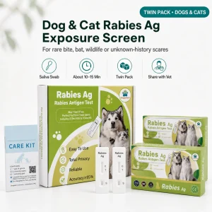 VitapawTech Dog and Cat Rabies Ag Exposure Screen with twin pack boxes, Care Kit, saliva swab support and Rabies Ag test cassette.