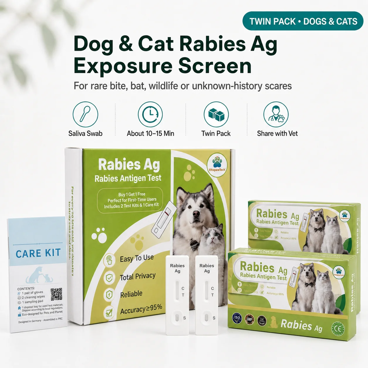 VitapawTech Dog & Cat Rabies Ag Exposure Screen - Twin Pack VitapawTech Dog and Cat Rabies Ag Exposure Screen with twin pack boxes, Care Kit, saliva swab support and Rabies Ag test cassette.