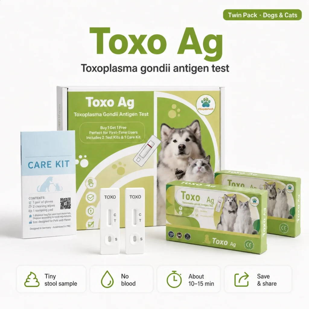 VitapawTech Dog and Cat Toxo Ag Family-Risk Screen mit Toxoplasma gondii Antigen-Testbox, Doppelpackung, Pflege-Kit und zwei TOXO-Testkassetten.