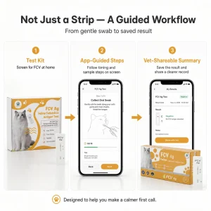VitapawTech FCV bietet einen geführten Arbeitsablauf mit Testkit, App-gestützten Schritten und einer für Tierärzte teilbaren Ergebnisübersicht für Katzen.