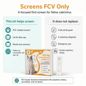 Infografik zur Erläuterung, dass der VitapawTech Cat FCV Home Test nur FCV nachweist und kein vollständiges Katzengrippe-Panel darstellt.