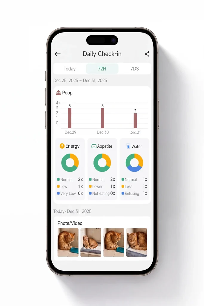Benutzeroberfläche der täglichen Haustier-Tracking-App von vitapawtech