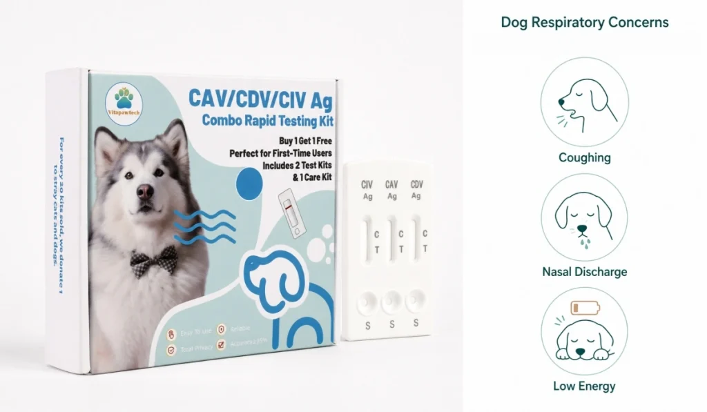 Heimsets kaufen 15 VitapawTech-Bild der Atemwege eines Hundes, das den CAV-CDV-CIV-Schnelltest zeigt, bei dem Symptome wie Husten, Nasenausfluss und verminderte Energie auftreten.