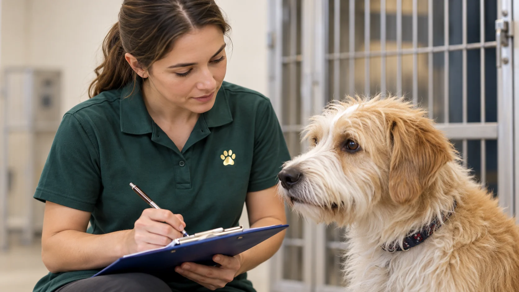 For Boarding & Daycare 13 Boarding staff member writing observation notes on a clipboard beside a dog.