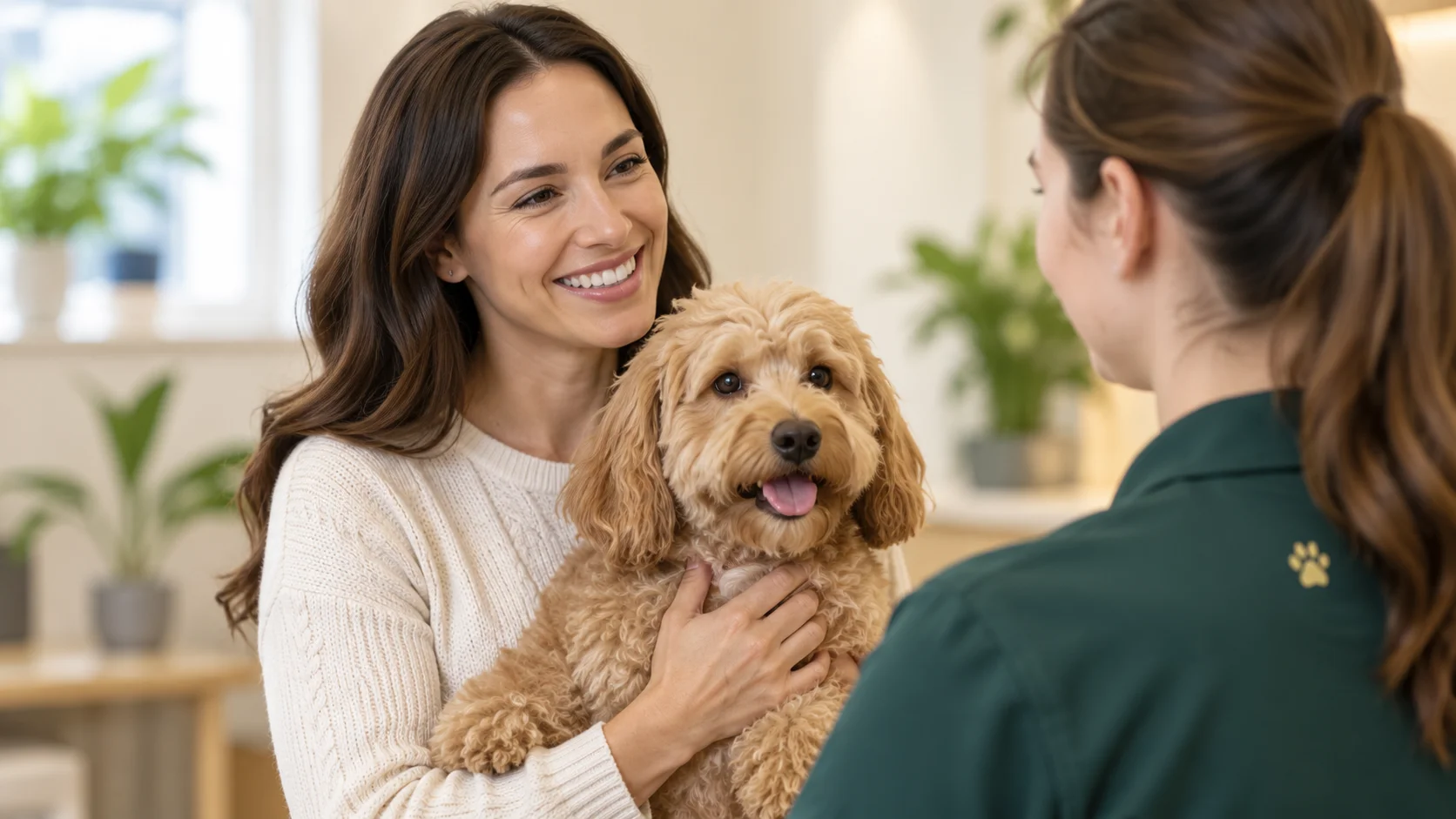 For Boarding & Daycare 17 Owner holding a small dog and speaking with a boarding staff member at pickup.