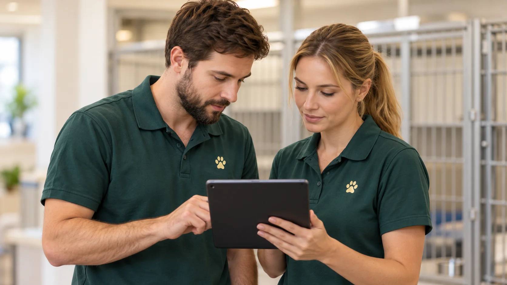 For Boarding & Daycare 15 Two pet boarding staff members reviewing a tablet together during a shift handover.