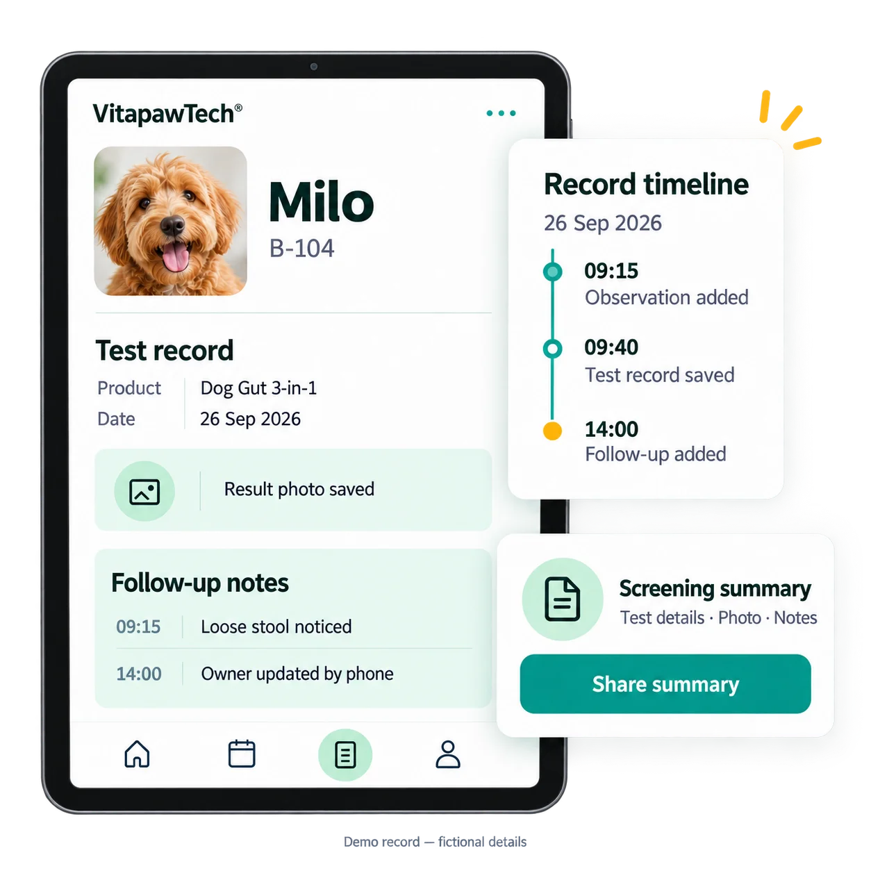 For Boarding & Daycare 19 VitapawTech demo pet record showing saved test details, dated follow-up notes and a shareable screening summary.