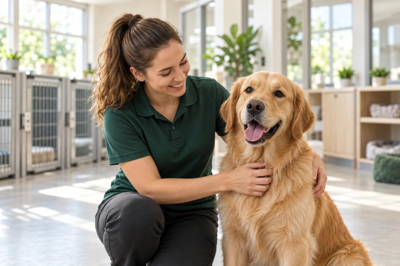 Ein Mitarbeiter des Pensionspersonals in einem grünen Poloshirt kümmert sich in einer Hundetagesstätte um einen Golden Retriever.