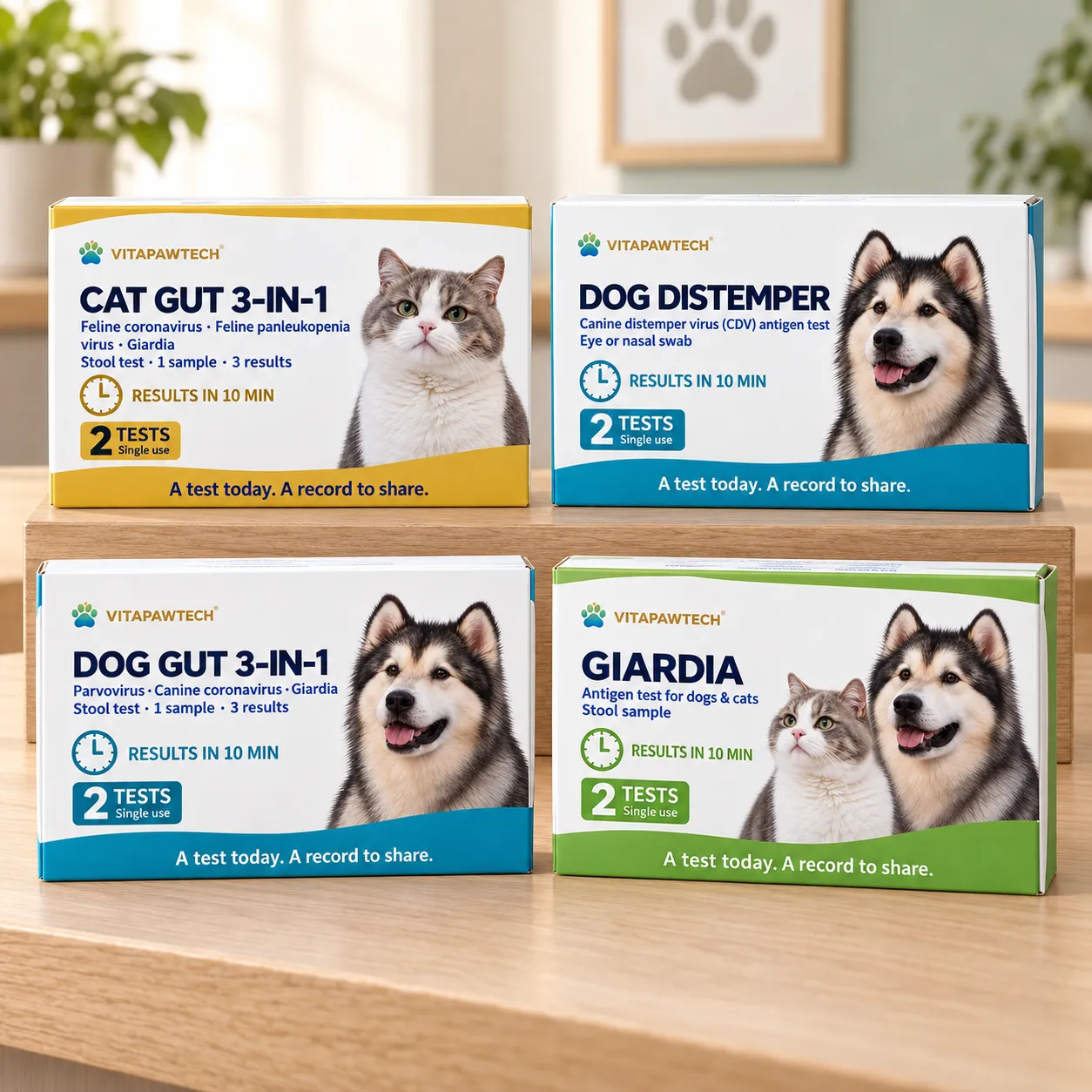 For Boarding & Daycare 27 our VitapawTech test kits on a wooden display: Cat Gut 3-in-1, Dog Distemper, Dog Gut 3-in-1 and Giardia.