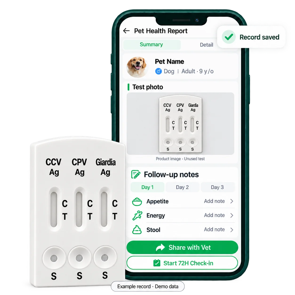 VitapawTech-Testkassette neben einer App-Demo, die ein Testfoto, Folgenotizen und Freigabeoptionen zeigt.